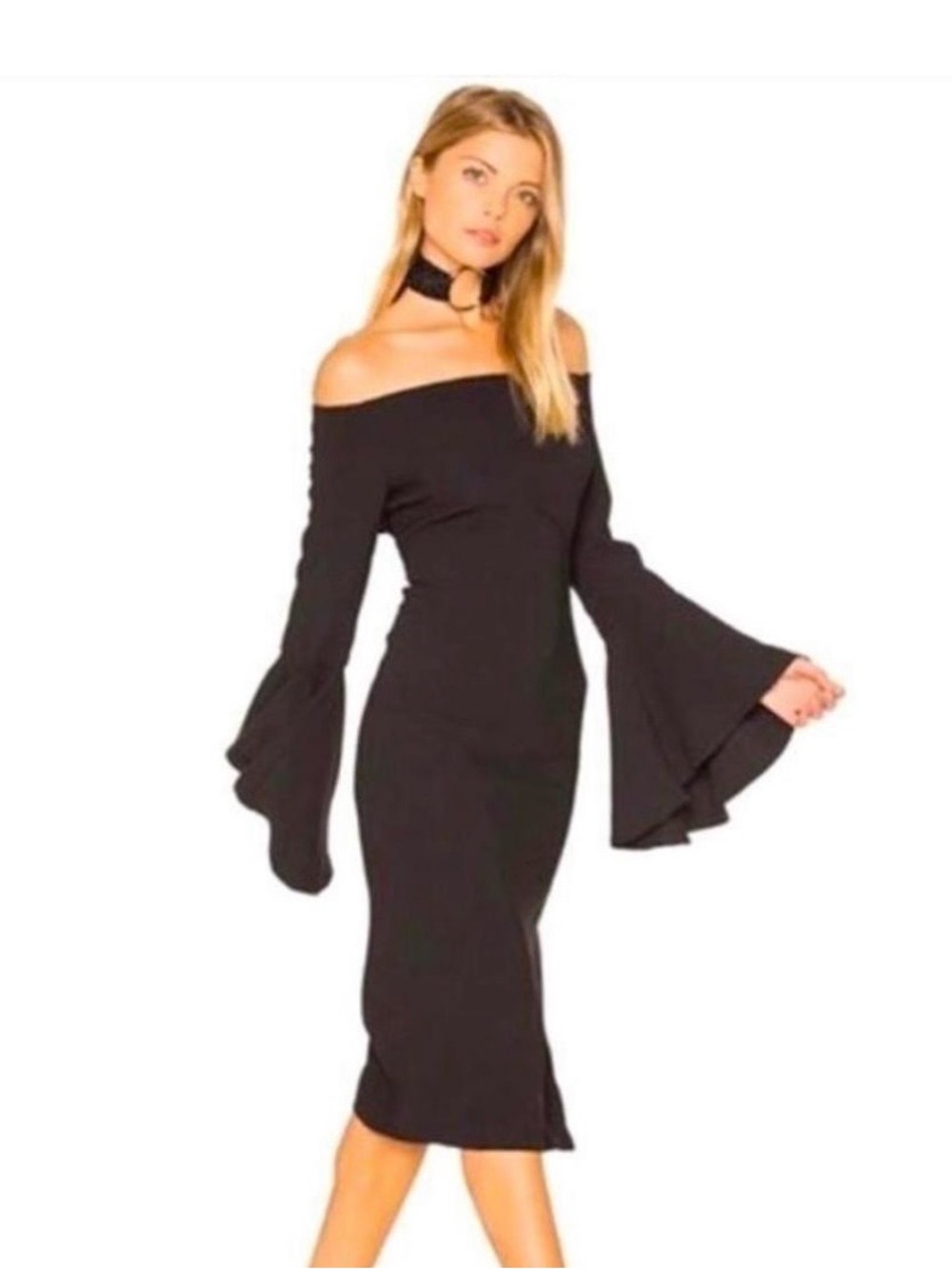 Bardot Black Off-Shoulder Midi with Dramatic Bell Sleeves